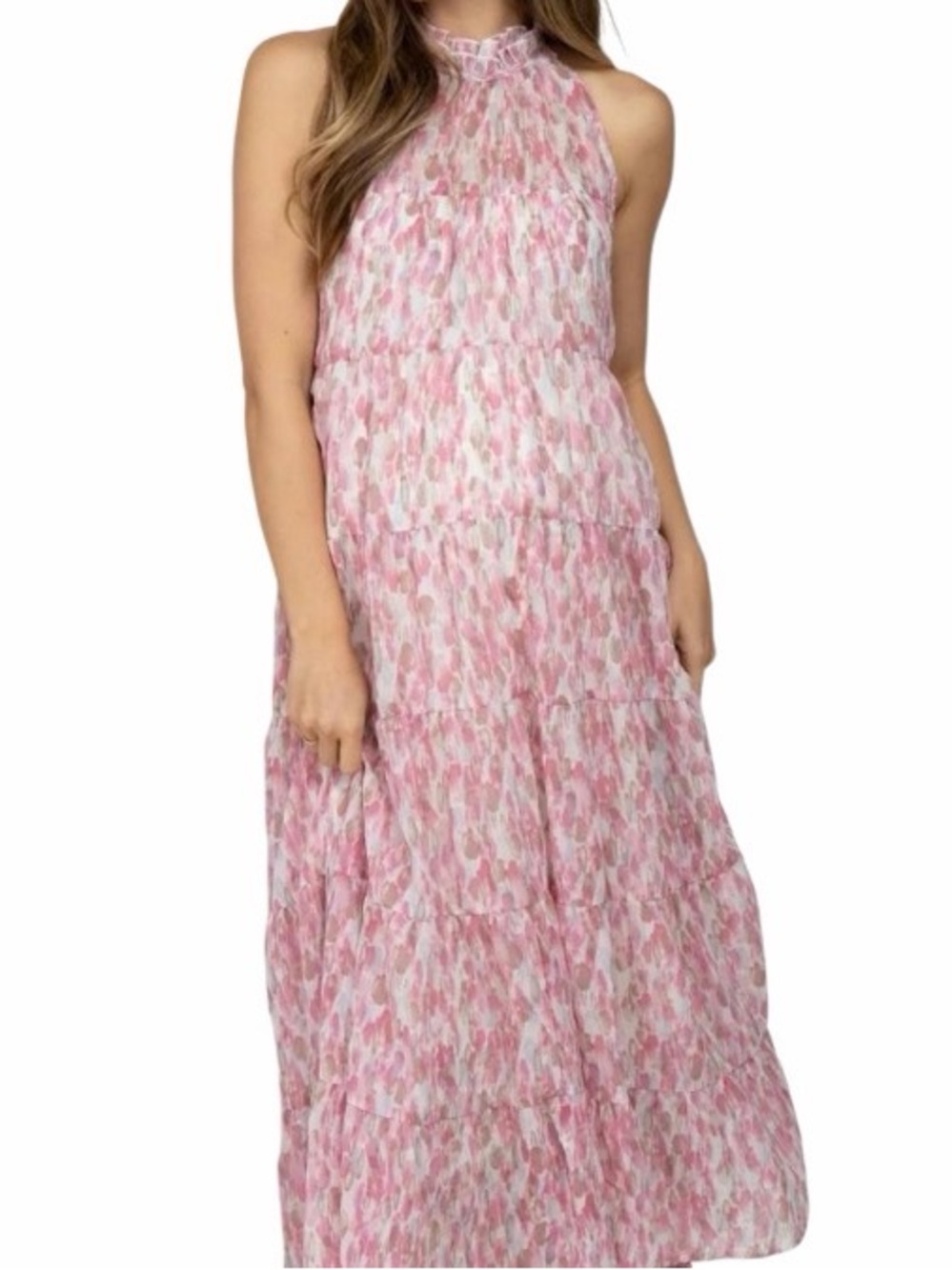Entro Tiered Sleeveless High Tie Neck Lined MIDI Dress Size Medium Pink